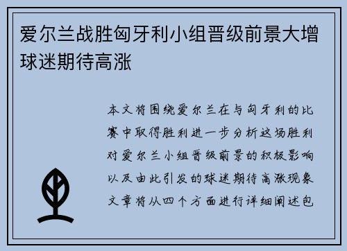 爱尔兰战胜匈牙利小组晋级前景大增球迷期待高涨