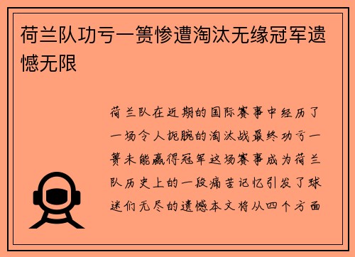 荷兰队功亏一篑惨遭淘汰无缘冠军遗憾无限