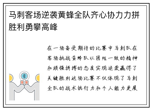 马刺客场逆袭黄蜂全队齐心协力力拼胜利勇攀高峰